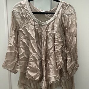 Tempo Paris Champagne Ruffled Asymmetrical Blouse 3/4 Sleeve